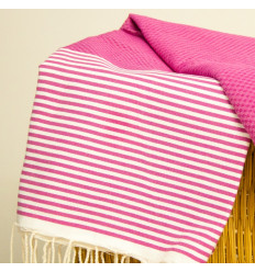 Fouta Tunisienne 100x200cm Nid D'Abeille Fushia - Serviette Plage 100% Coton, Légère Et Absorbante